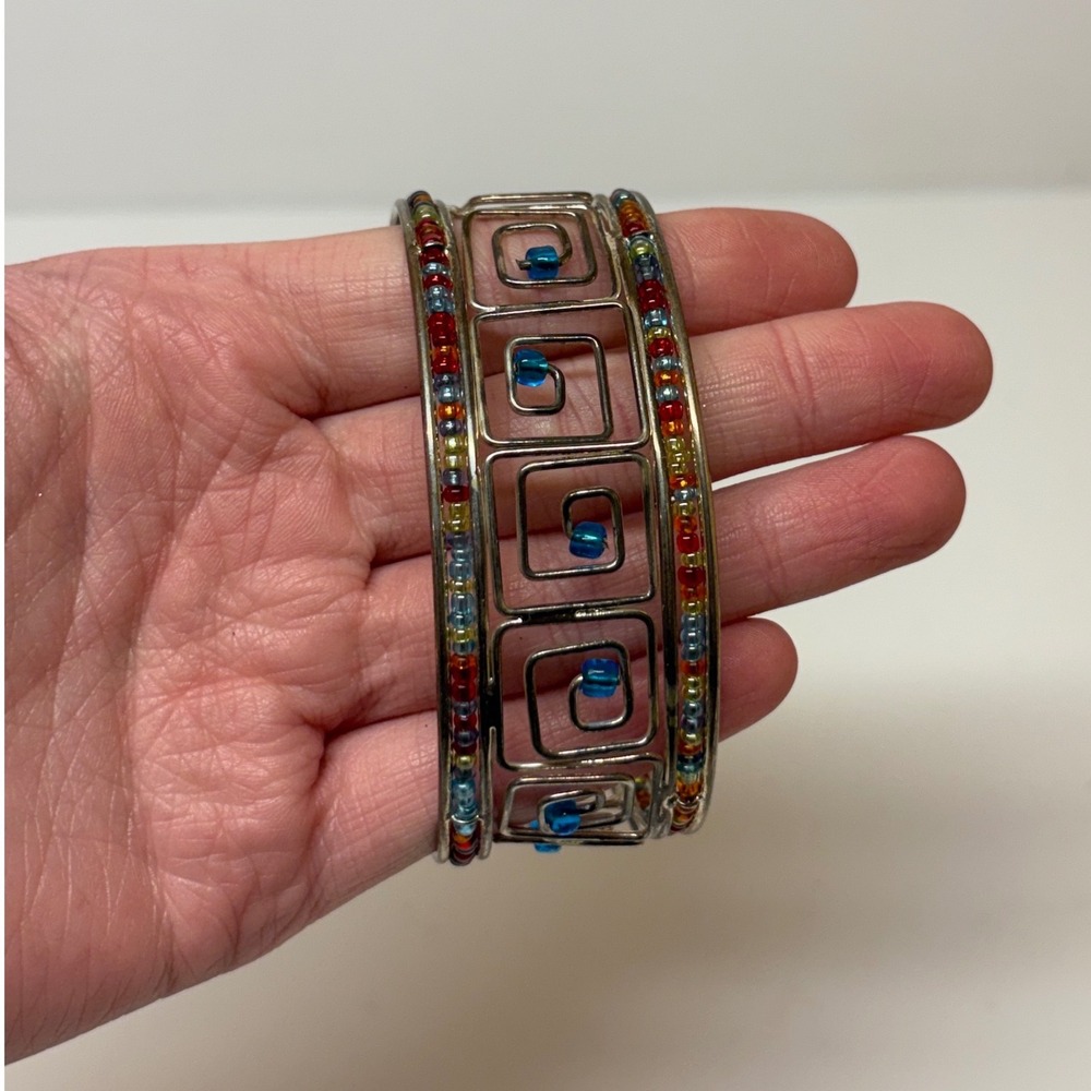 Silver Tone Geometric Spiral Multi Color Seed Bead Open Cuff Bracelet